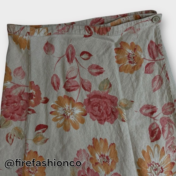 Eddie Bauer Floral A-Line Linen Skirt Large 12 Boho Hippie Tan Red Orange Fall - Picture 3 of 11